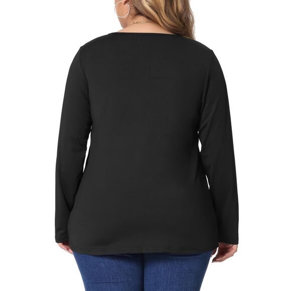 Plus Size Blouse Long Sleeve T-Shirt Notched Neck Loose Casual Top Black - Picture 4 of 5